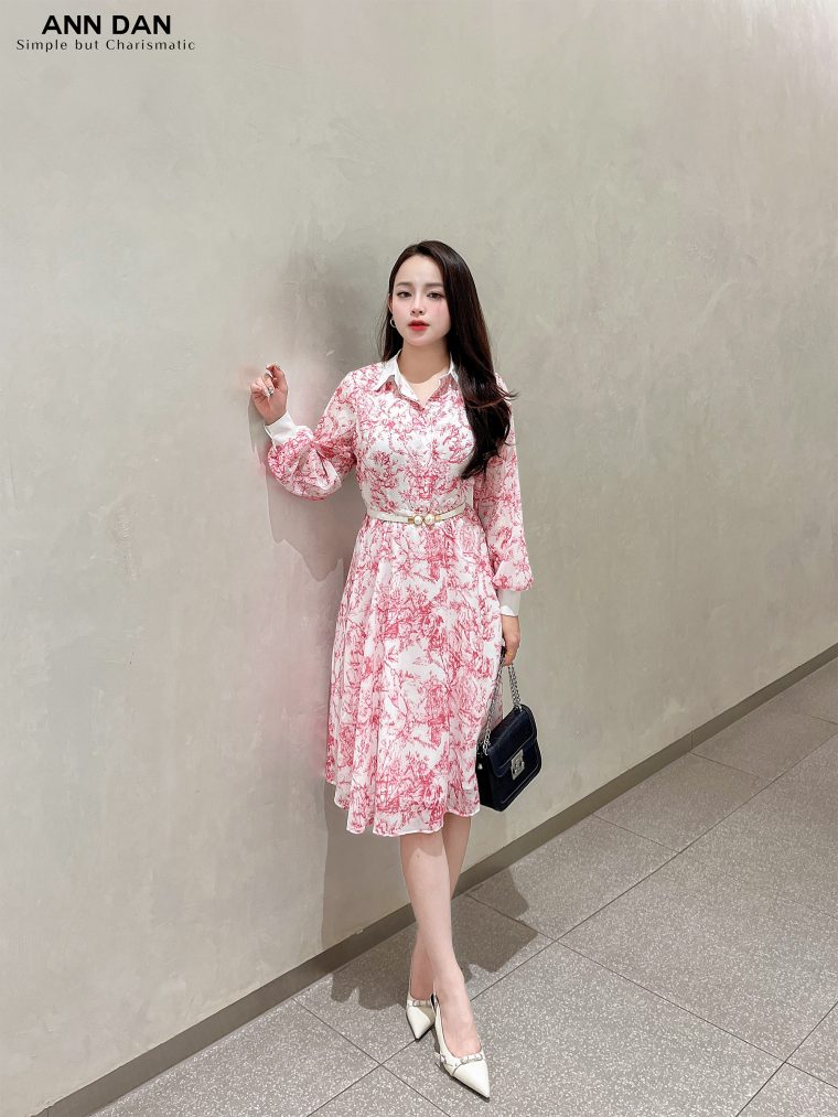Đầm sơ mi hoạ tiết hồng ư