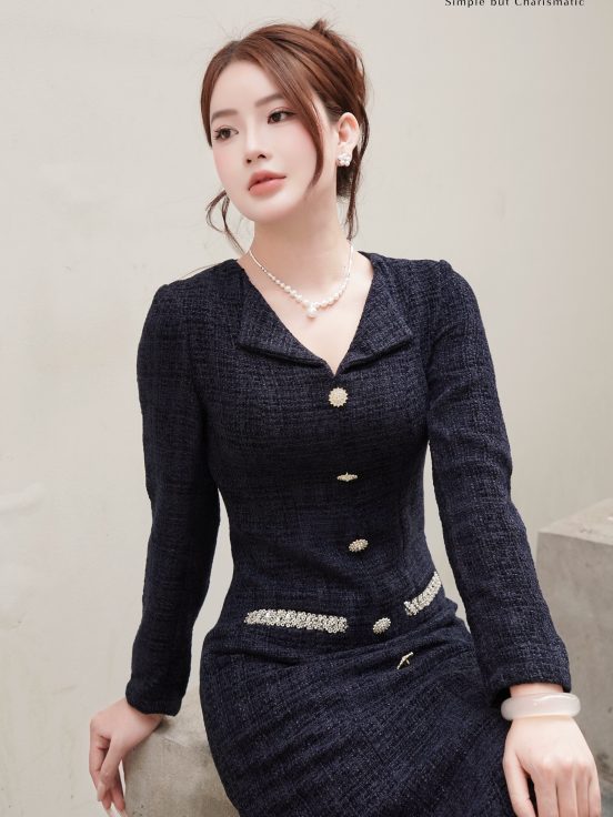 Đầm dạ tweed xanh than cổ bẻ