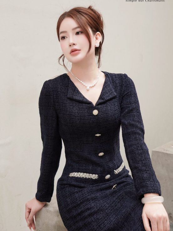 Đầm dạ tweed xanh than cổ bẻ