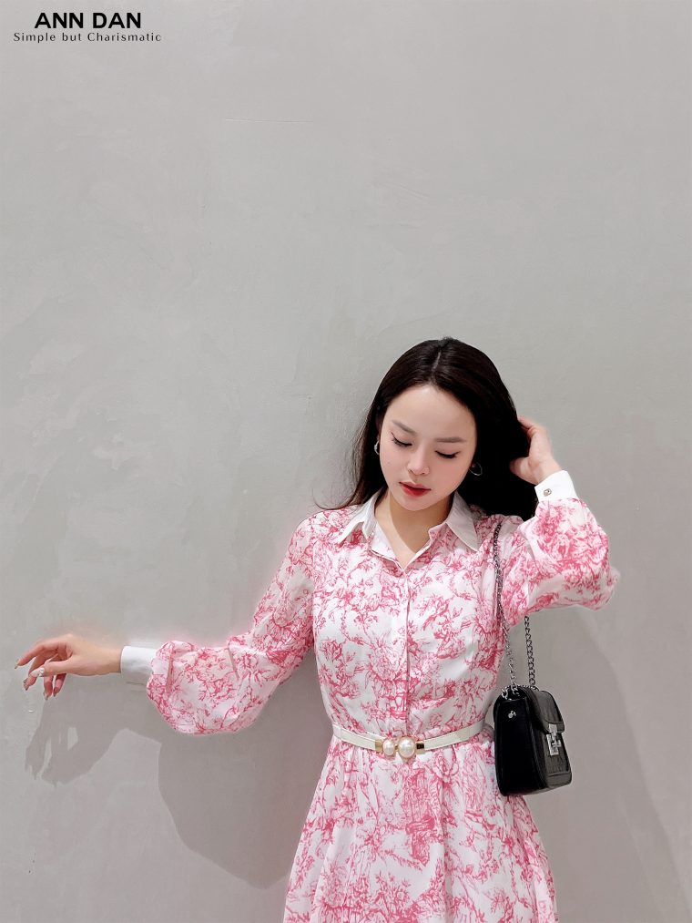 Đầm sơ mi hoạ tiết hồng 4