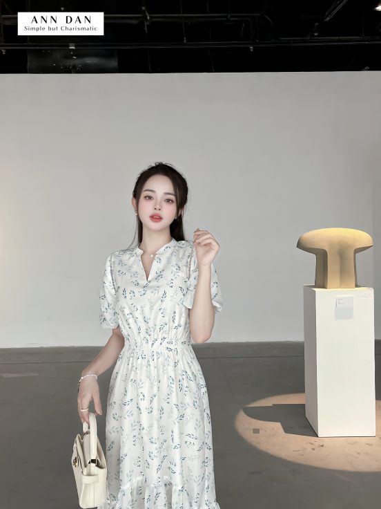 Đầm hoa xanh chun eo
