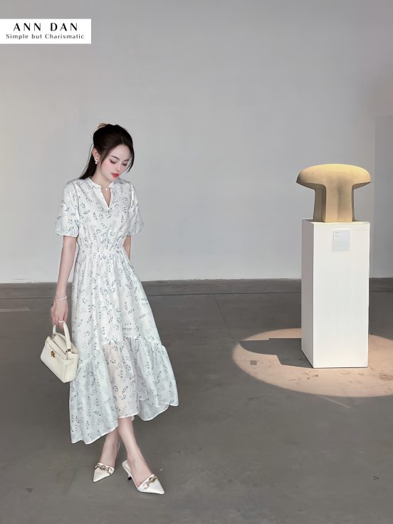 Đầm hoa xanh chun eo