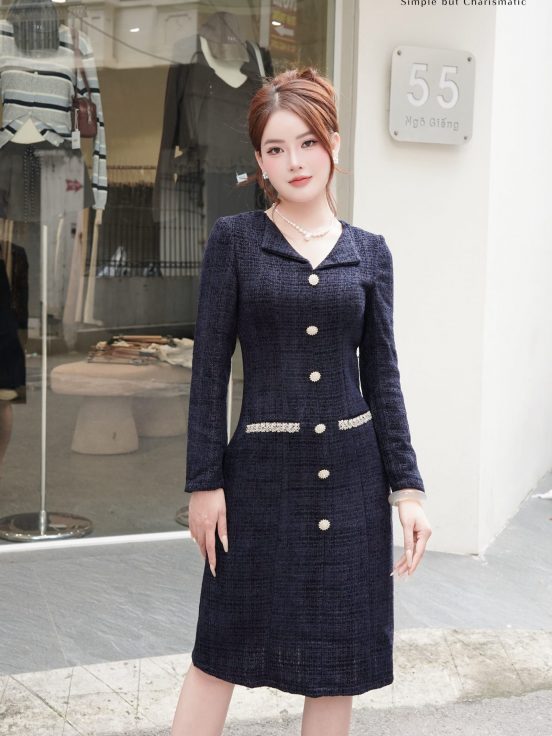 Đầm dạ tweed xanh than cổ bẻ