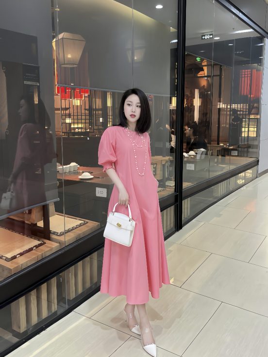 Đầm thô hàn trơn tay bo - Hồng