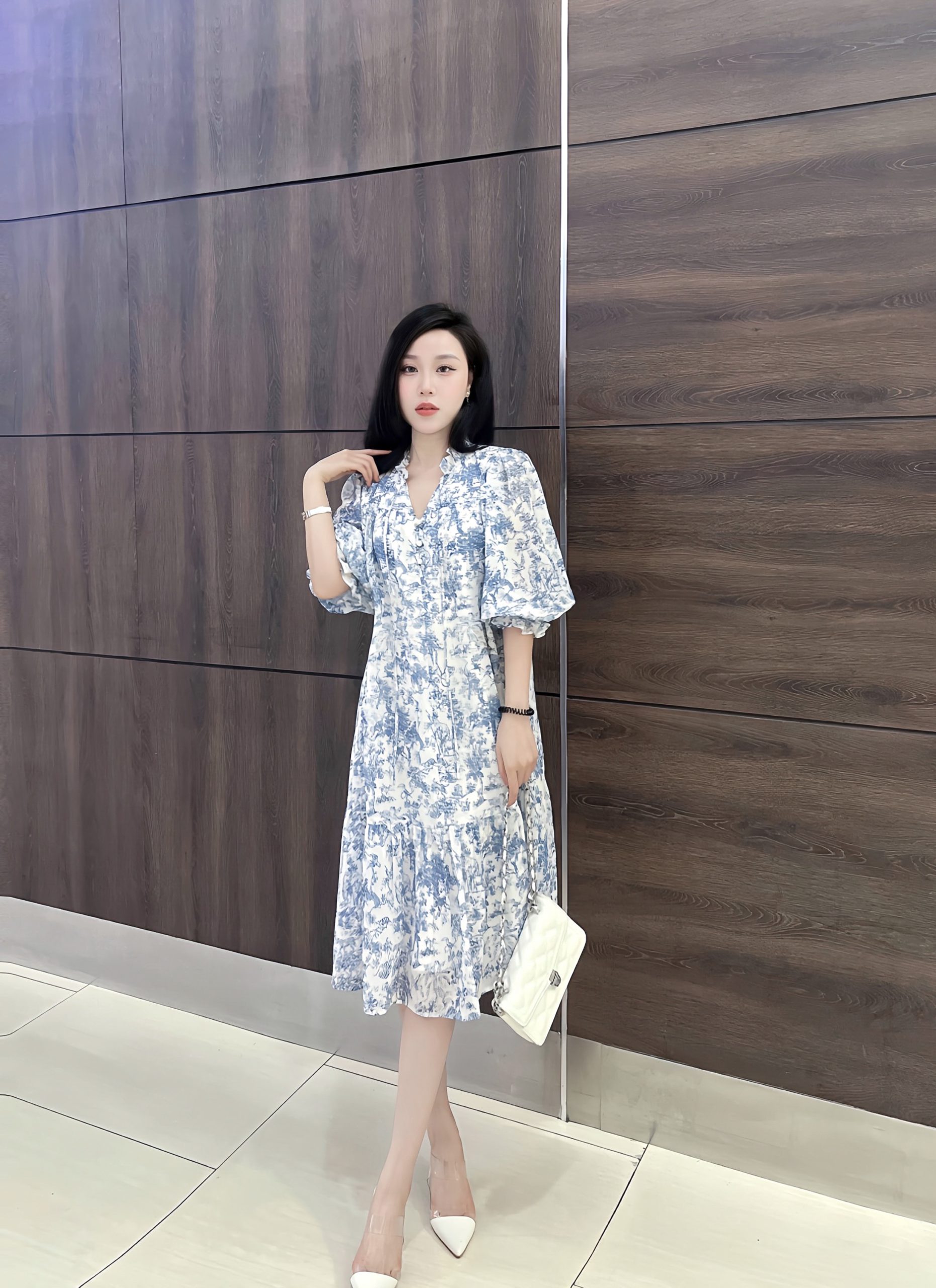 Đầm Silk nhật xanh dây cổ