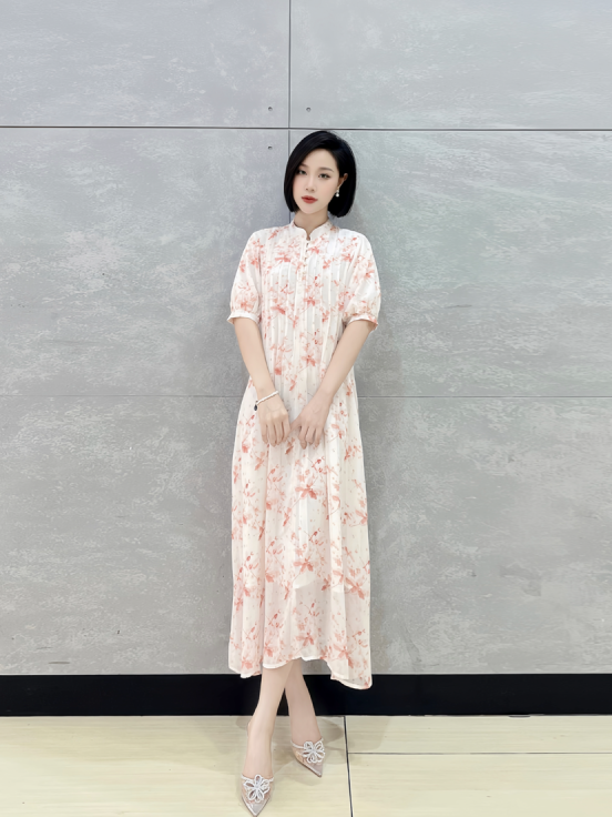 Đầm silk hoa hồng cam ly ngực cổ tàu