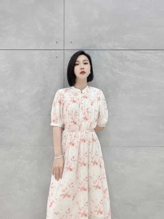 Đầm silk hoa hồng cam ly ngực cổ tàu