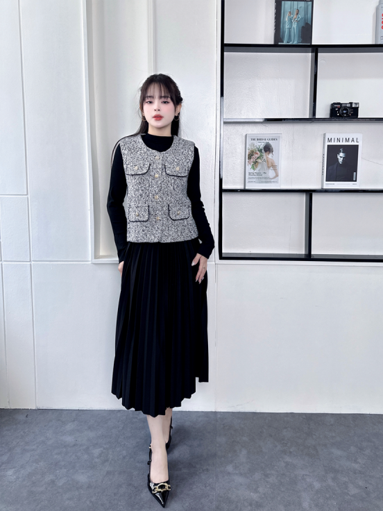 Set dạ tweed cúc đồng wool