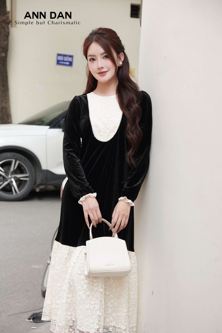 Đầm nhung ren đuôi cá - Đen