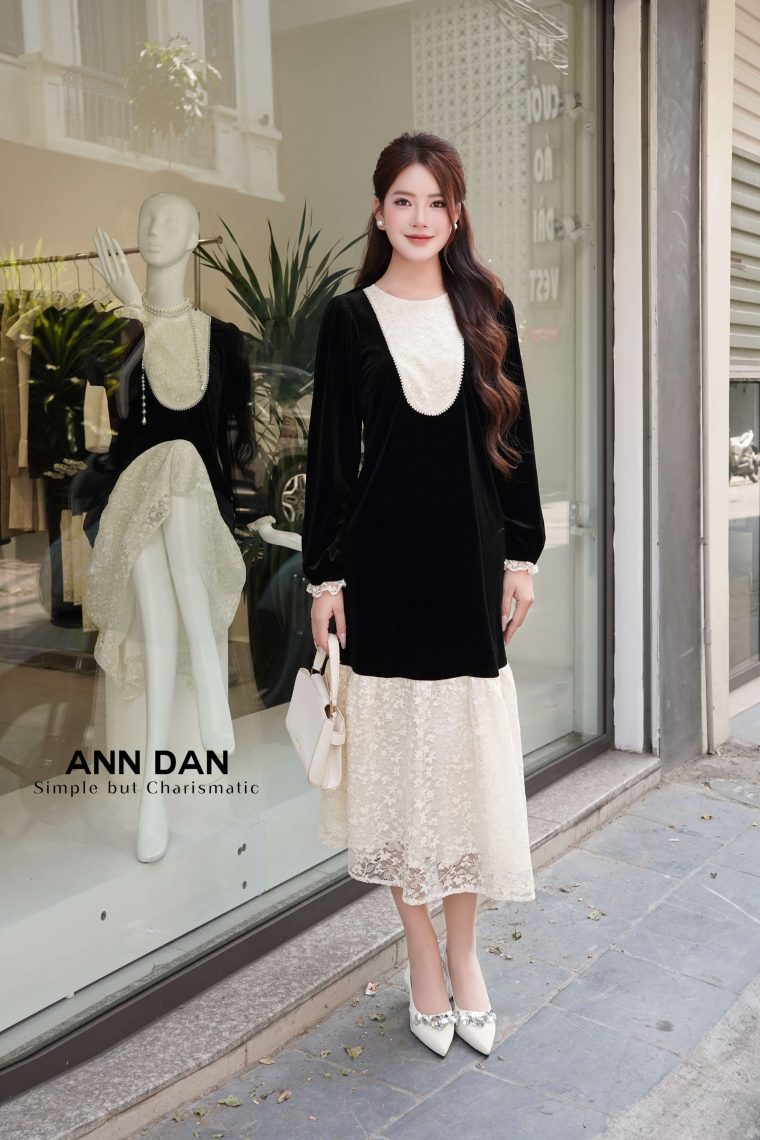 Đầm nhung ren đuôi cá - Đen