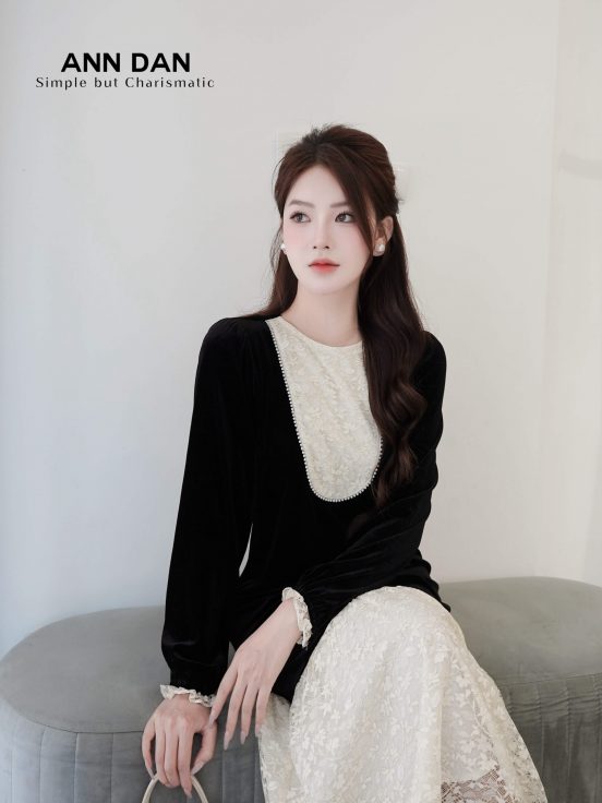 Đầm nhung ren đuôi cá - Đen