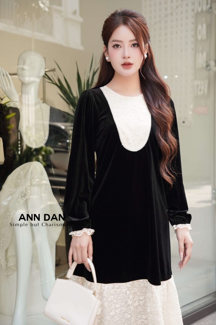 Đầm nhung ren đuôi cá - Đen