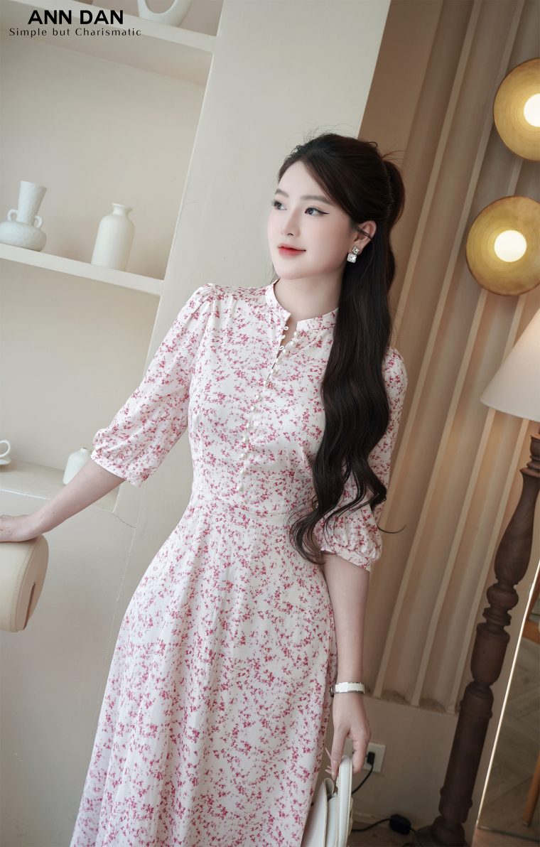 Đầm lụa hoa nhí cúc trai - Hồng