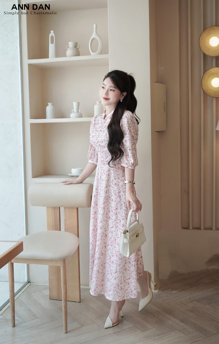 Đầm lụa hoa nhí cúc trai - Hồng e