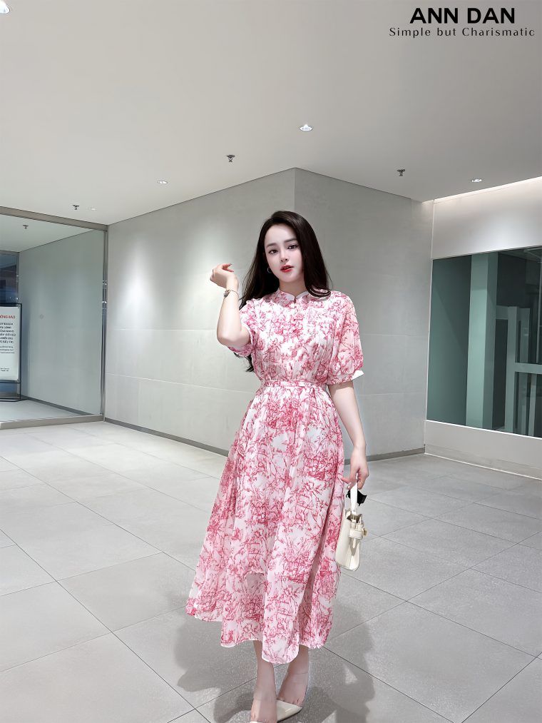 Đầm silk hoa hồng ly ngực cổ tàu 32