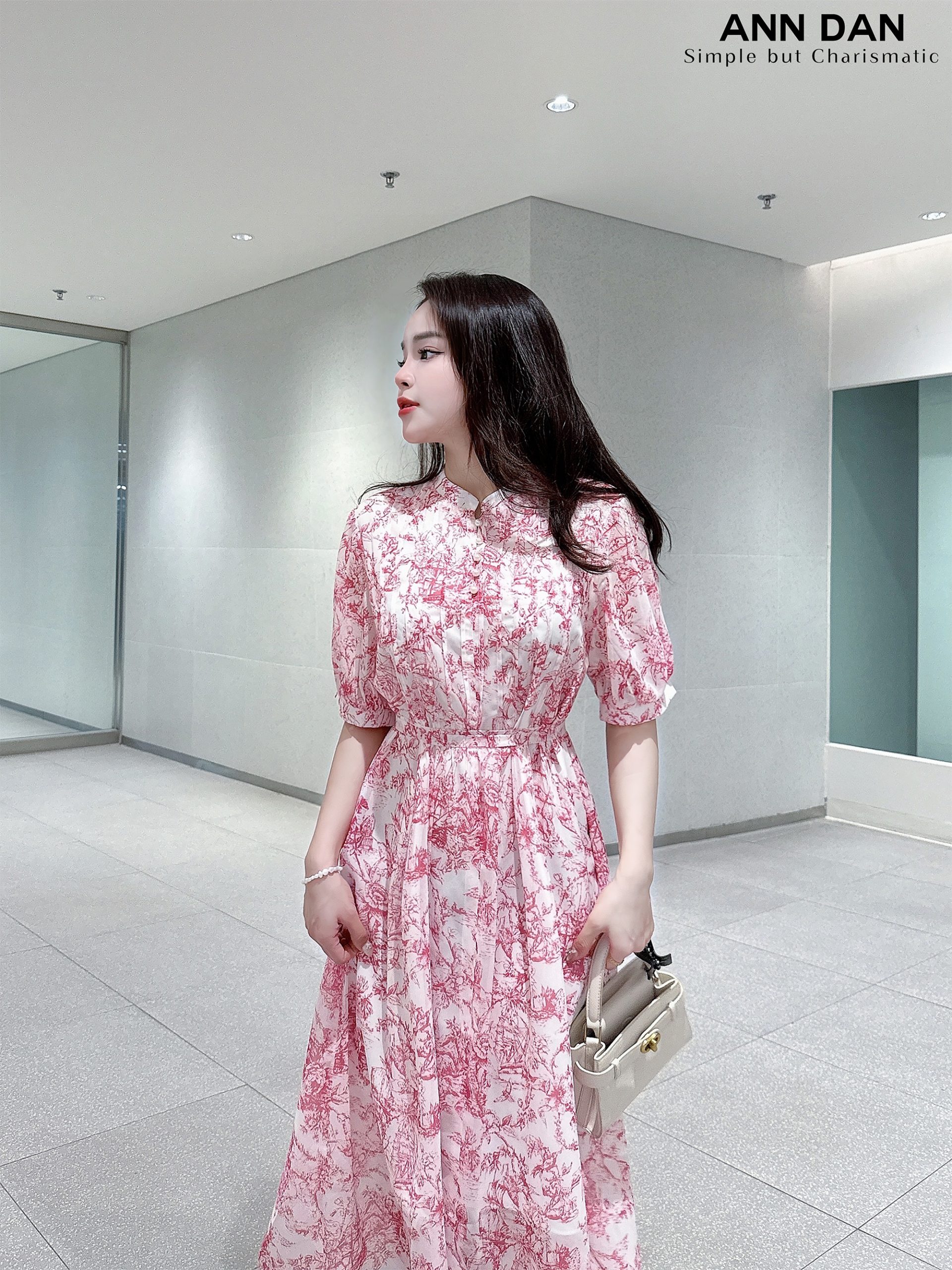 Đầm silk hoa hồng ly ngực cổ tàu