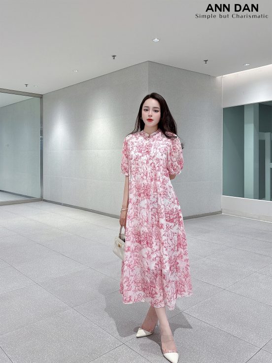 Đầm silk hoa hồng ly ngực cổ tàu