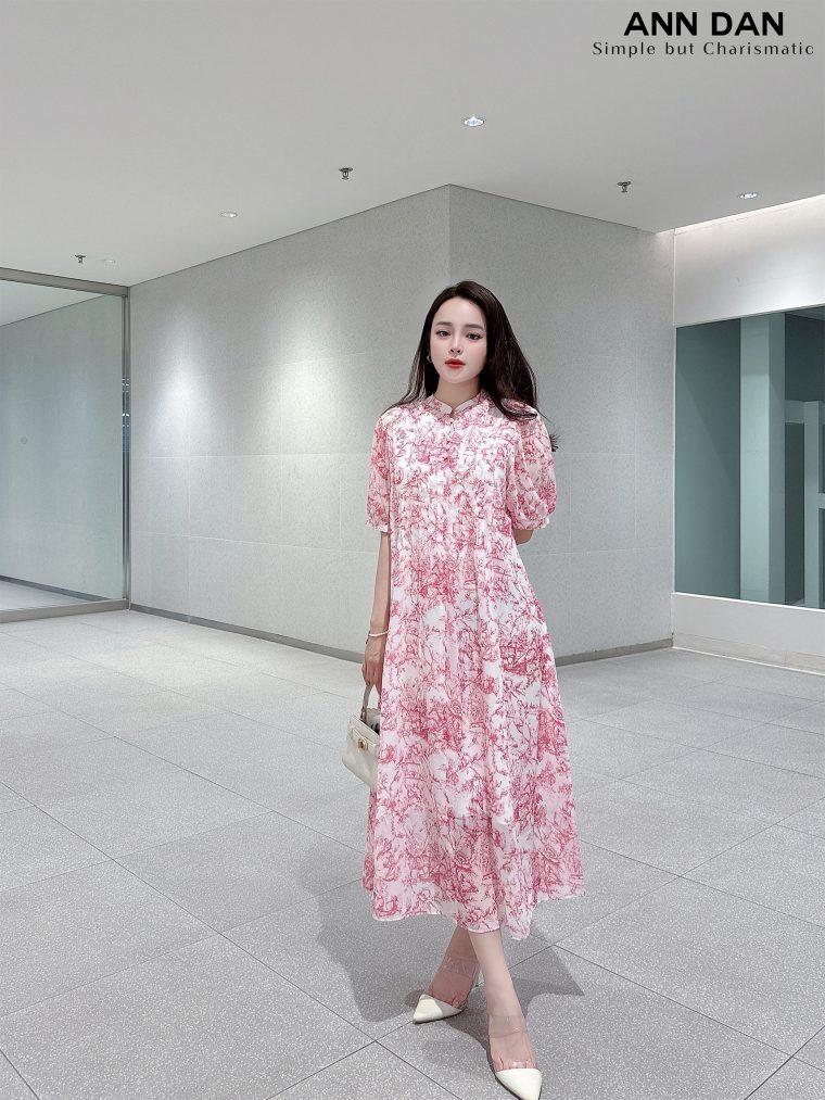 Đầm silk hoa hồng ly ngực cổ tàu