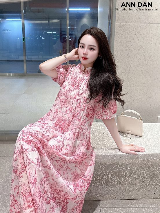 Đầm silk hoa hồng ly ngực cổ tàu