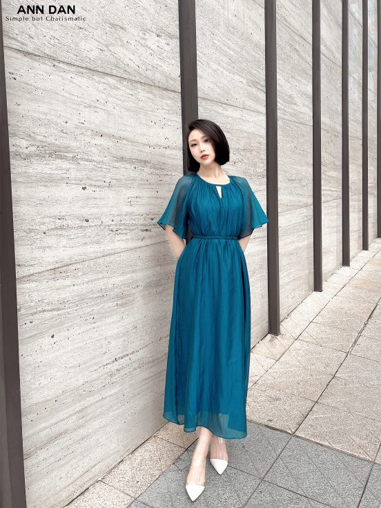 Đầm tơ bọt cổ tròn - Xanh 1
