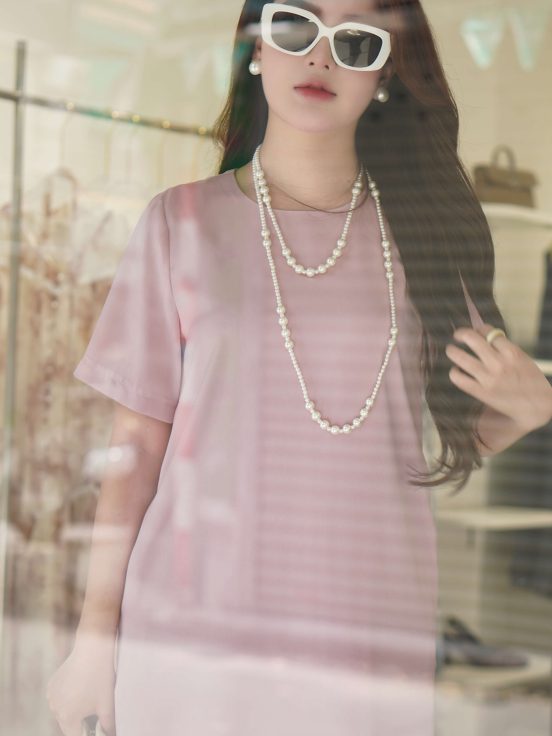 Đầm lụa ngọc trai dáng suông đứng - hồng
