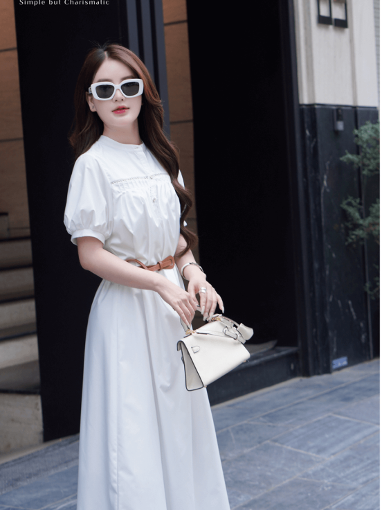 Đầm thô hàn ly ngực phối ren kèm đai da - trắng