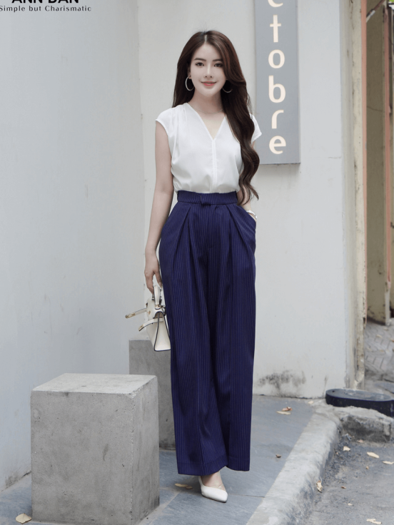 Quần suông kẻ chéo xanh than