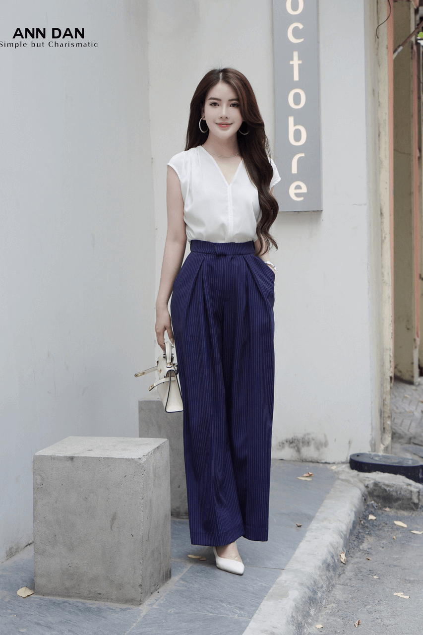 Quần suông kẻ chéo xanh than