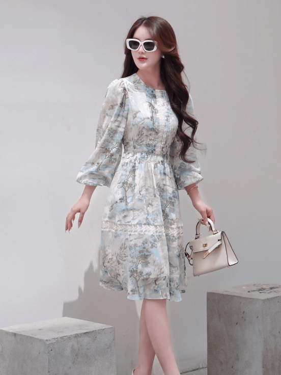 Đầm silk Nhật họa tiết chun eo phối ren xanh