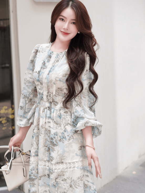 Đầm silk Nhật họa tiết chun eo phối ren xanh