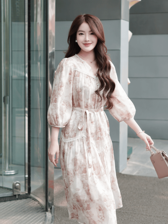 Đầm tơ hoa nâu phối ren