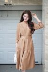 Đầm đũi xước nâu cổ tàu cúc đồng 3