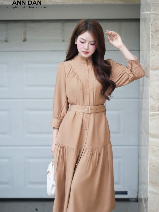 Đầm đũi xước nâu cổ tàu cúc đồng 3