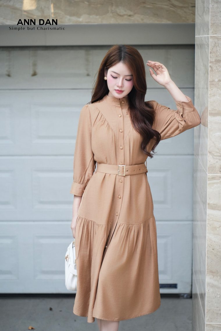 Đầm đũi xước nâu cổ tàu cúc đồng 3