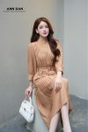 Đầm đũi xước nâu cổ tàu cúc đồng 1