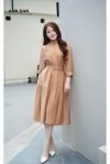 Đầm đũi xước nâu cổ tàu cúc đồng 5