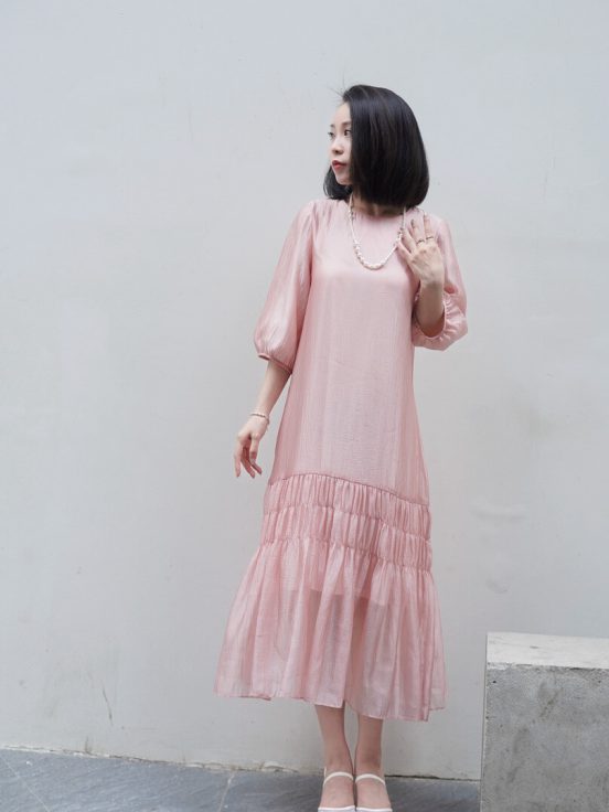 Đầm lụa tơ bọt hồng hai tầng nhún