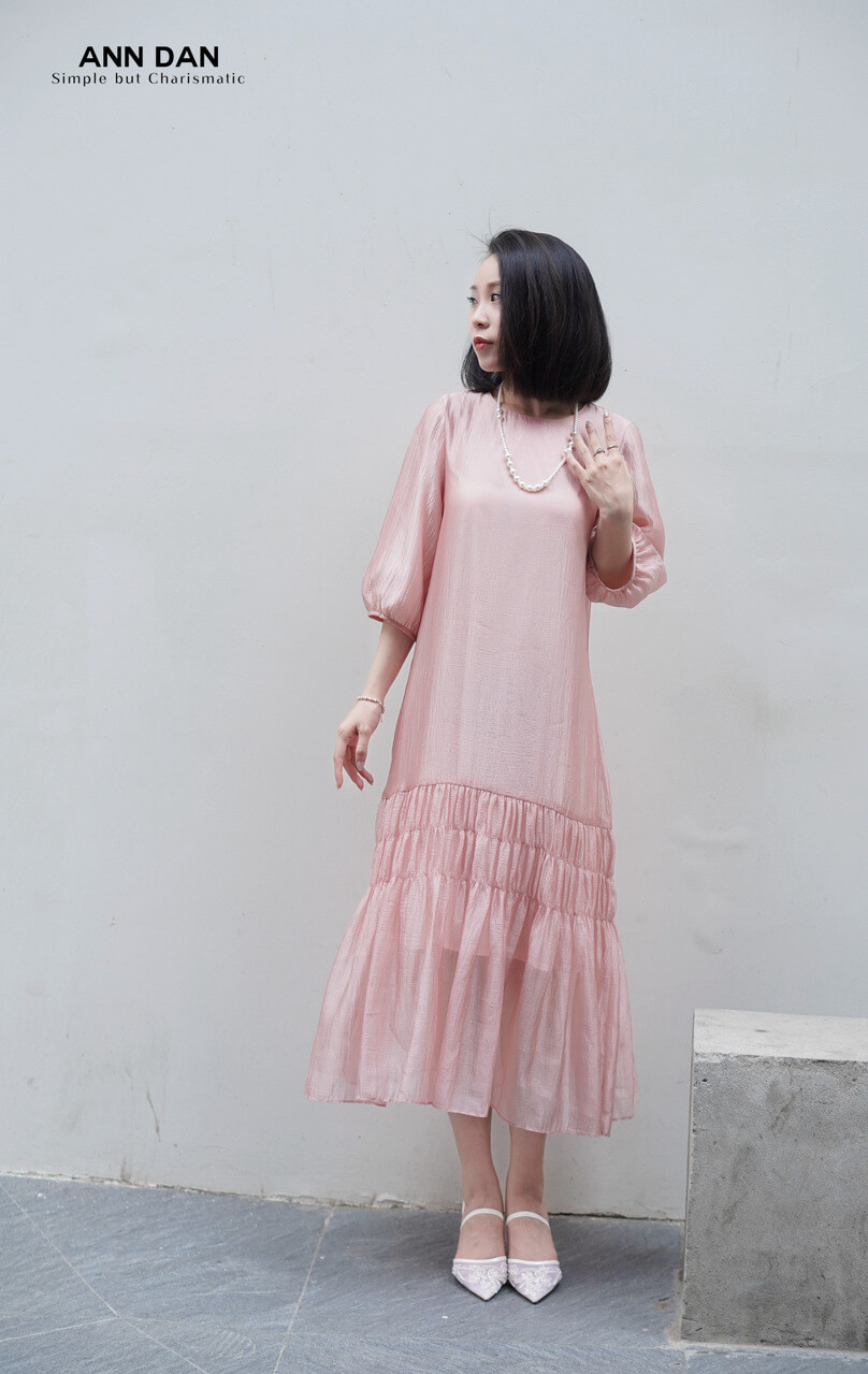 Đầm lụa tơ bọt hồng hai tầng nhún