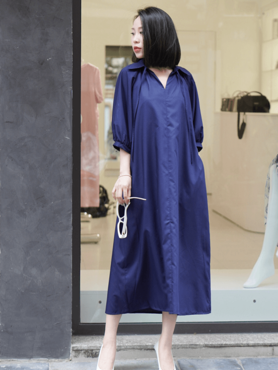 Đầm thô Hàn xanh cổ sơ mi dây cổ