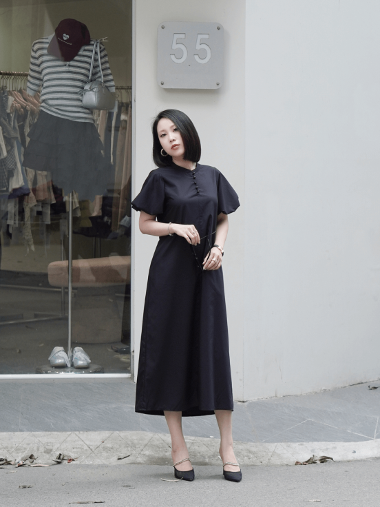 Đầm thô Hàn cổ tàu cúc ngọc đen