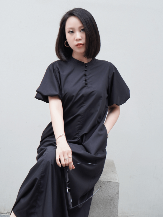Đầm thô Hàn cổ tàu cúc ngọc đen