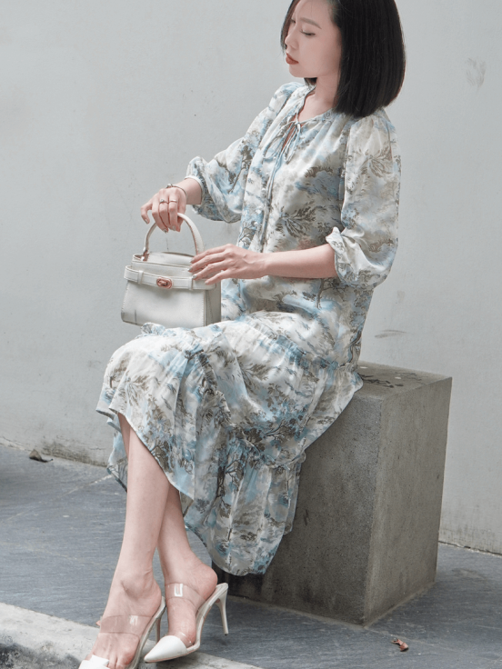 Đầm silk xanh 2 bèo dây cổ