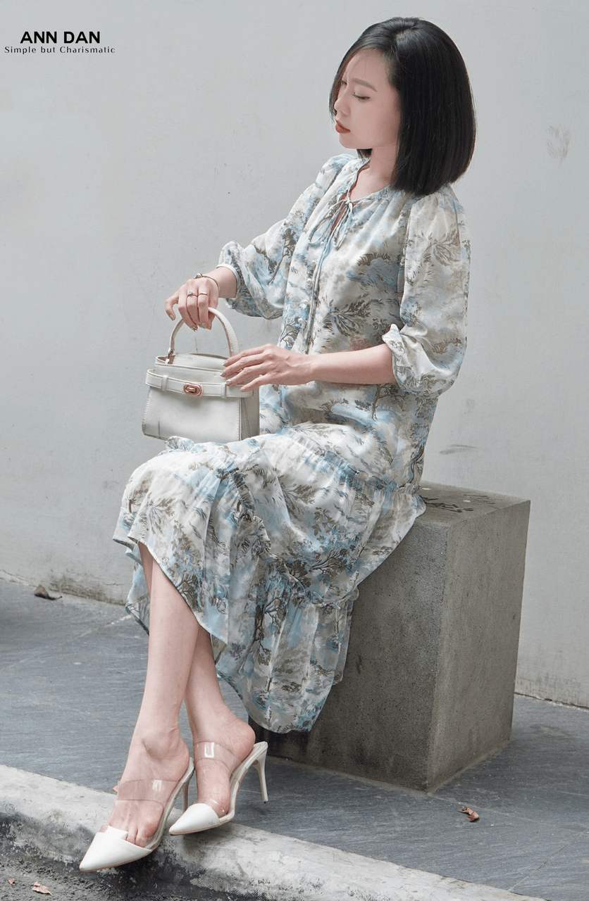 Đầm silk xanh 2 bèo dây cổ