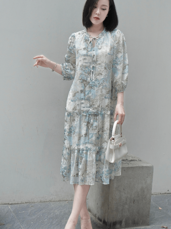 Đầm silk xanh 2 bèo dây cổ