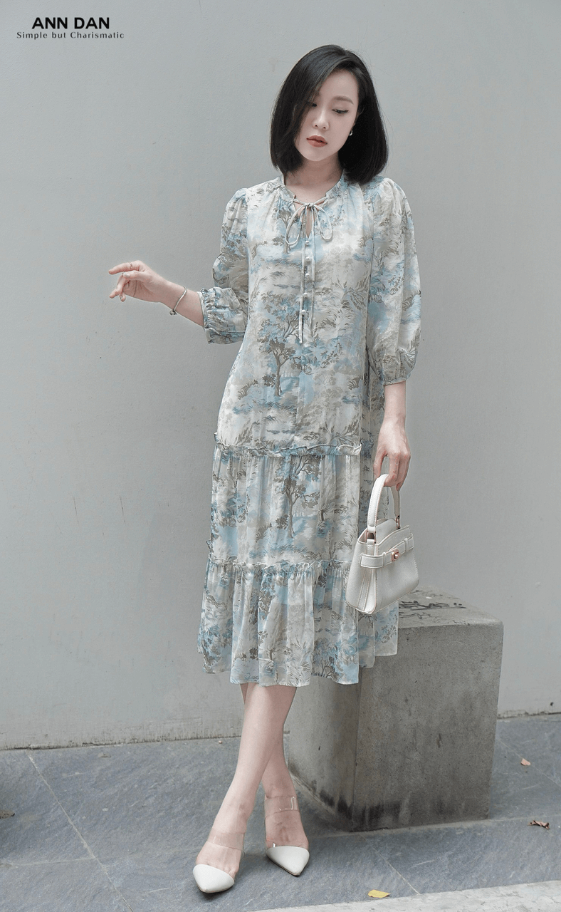 Đầm silk xanh 2 bèo dây cổ