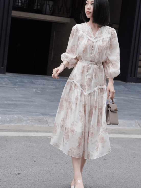 Đầm tơ hoa nâu phối ren