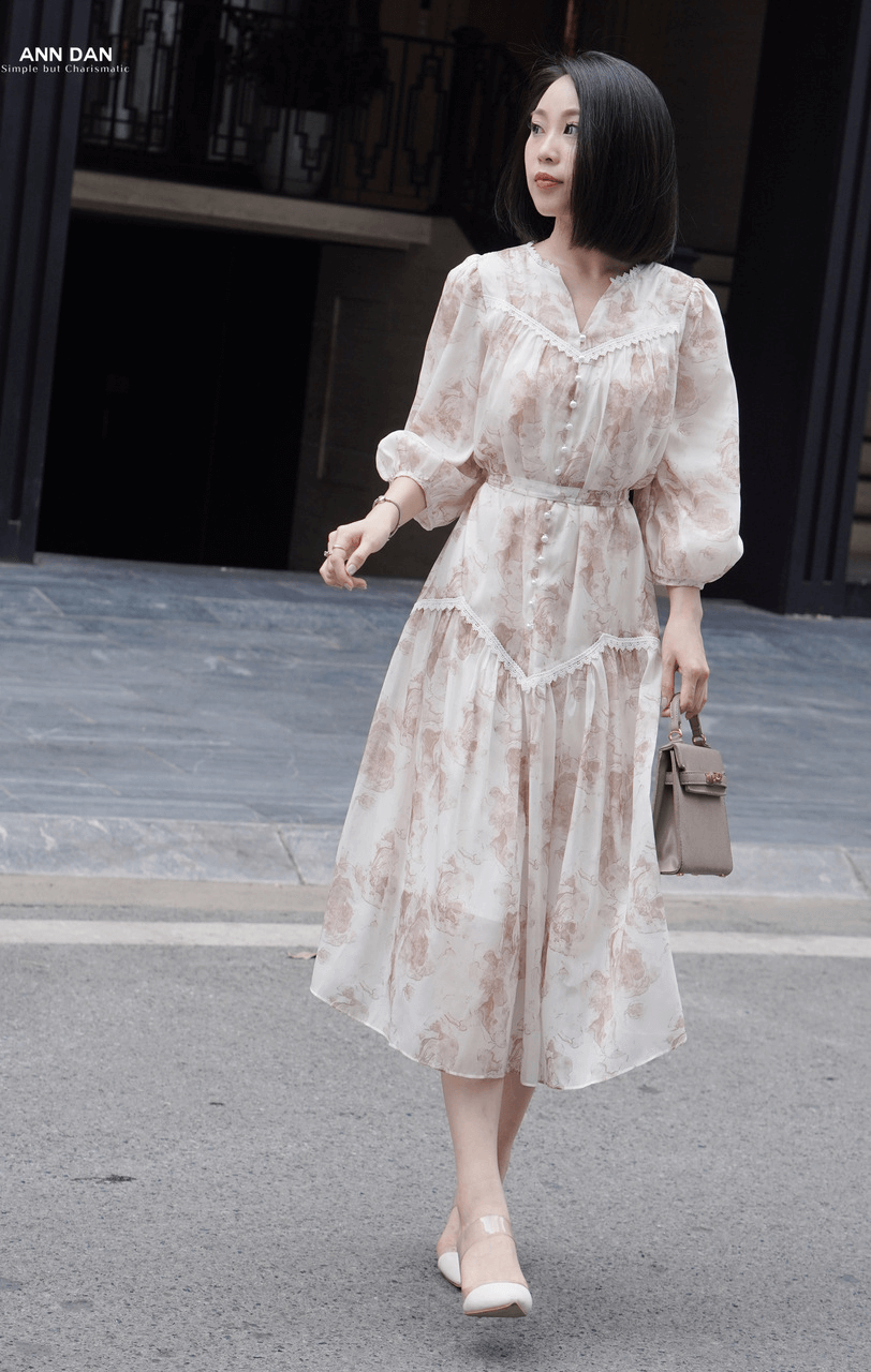 Đầm tơ hoa nâu phối ren