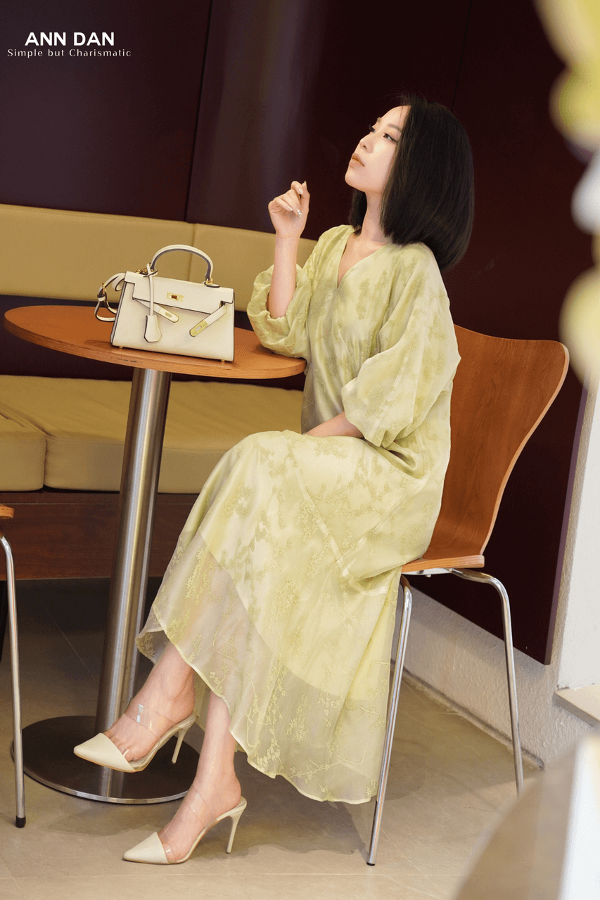 Đầm silk tơ Nhật phun nhung xanh