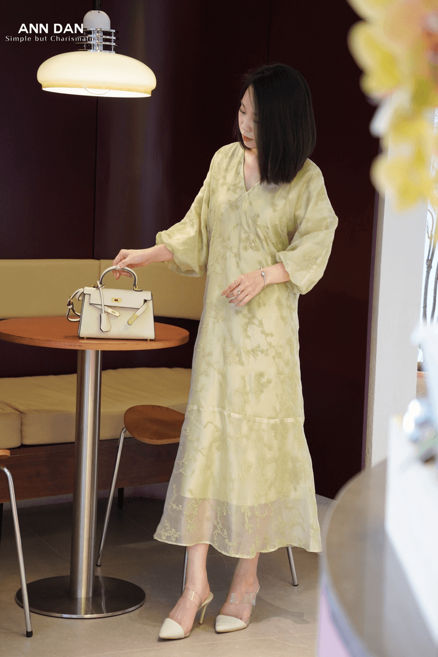 Đầm silk tơ Nhật phun nhung xanh