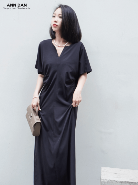 Đầm tằm Hàn đen nhún eo